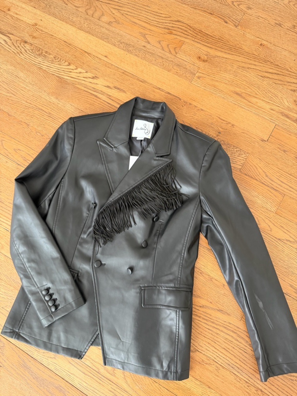 Sam Edelman Black Double-Breasted Faux Leather Blazer with Fringe